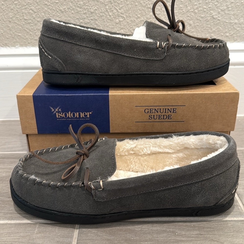 NWT Isotoner Gray Suede Leather Slippers (Various Sizes Available)